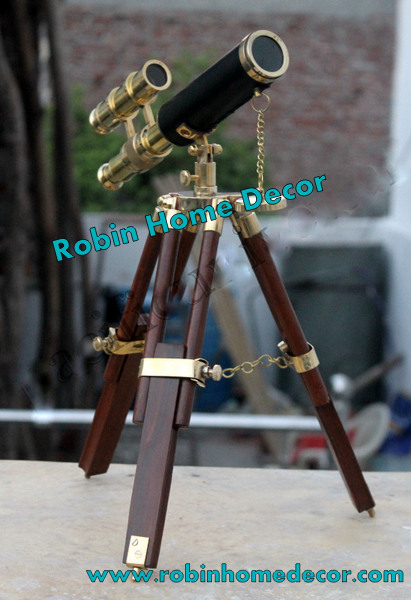 Antique Brass Leather Telescope Nautical With Stand Wooden Tripod Vintage Gift